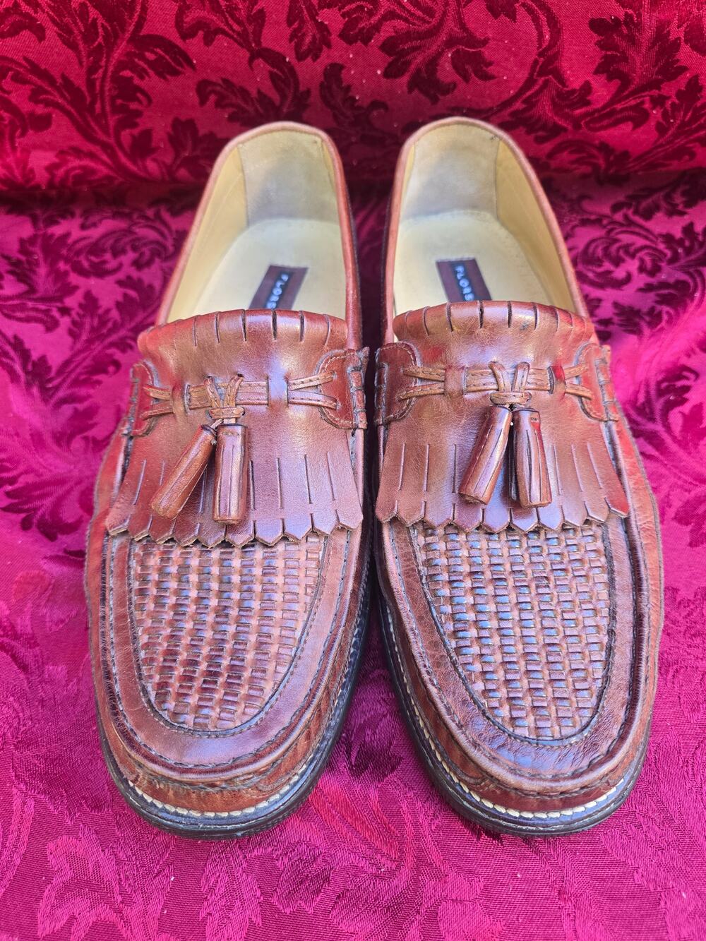 Florsheim Vintage Woven Kiltie Tassel Loafers Cognac Brown Leather Mens 11 D